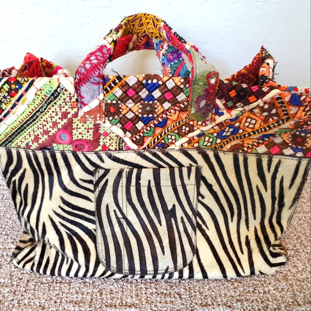 Zebra FauxFur Patchwork Boho Tote